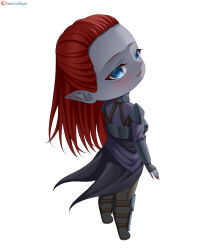  1girl absurdres artist_name blue_eyes blue_skin chibi colored_skin commission commissioner_upload dark_elf elf from_behind full_body gloves grey_skin gzaxia_nolano hair_slicked_back highres long_hair looking_at_viewer looking_back lori_hagami official_art pointy_ears red_hair simple_background solo vampire ways_of_darkness_(series) white_background 