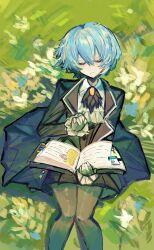  1girl absurdres angela_(project_moon) ascot black_ascot black_pantyhose black_skirt black_vest blue_coat blue_hair book chinese_commentary closed_eyes closed_mouth coat commentary_request frilled_sleeves frills gloves grass hair_between_eyes highres holding holding_book knees_together_feet_apart lapels library_of_ruina long_sleeves notched_lapels open_clothes open_coat outdoors pantyhose pleated_skirt project_moon shirt short_hair sitting skirt smile solo u_u vest wai_xing_yonghu white_gloves white_shirt 
