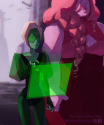  2girls blonde_hair braid closed_mouth colored_skin commentary cowboy_shot english_commentary english_text face_shield fat freckles gem gem_(steven_universe) gem_kindergarten gloves green_skin highres hologram holographic_interface holographic_touchscreen homeworld_gem_uniform in-universe_location lips long_hair multiple_girls original peridot_facet_6c4t_cut_2xj pink_hair pink_skin puffy_sleeves rose_quartz_facet_5_cut_5xl science_fiction side_braid sketch steven_universe thefaeriemerchant 