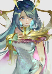  1girl absurdres ashe_(league) blue_eyes blue_hair breasts chinese_clothes cloak commentary dragon_print dress fae_dragon_ashe fingerless_gloves fingernails gloves hair_ornament highres jujumaho_(nanigaxila) league_of_legends long_hair medium_breasts qipao shiny_skin side_slit single_bare_shoulder solo straight-on upper_body white_background 