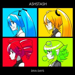  4girls absurdres ahoge akita_neru album_cover_redraw aqua_eyes aqua_hair artist_name ashstash blonde_hair blowing_bubble_gum chewing_gum demon_days_(gorillaz) derivative_work drill_hair english_commentary from_side gorillaz green_eyes green_hair gumi gumi_(v3_megpoid) hatsune_miku highres kasane_teto kasane_teto_(utau) long_sidelocks multiple_girls red_eyes red_hair redrawn short_hair side_ponytail sidelocks twin_drills twintails utau vocaloid yellow_eyes 