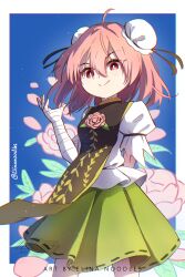  1girl absurdres artist_name bandaged_arm bandages bright_pupils brown_tabard bun_cover closed_mouth commentary_request double_bun elinanoodles flower green_skirt hair_between_eyes hair_bun highres ibaraki_kasen looking_at_viewer pink_flower pink_hair pink_rose puffy_short_sleeves puffy_sleeves red_eyes ribbon-trimmed_skirt ribbon_trim rose shirt short_sleeves skirt smile solo tabard touhou twitter_username watermark white_pupils white_shirt 