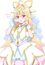  1girl absurdres aikawa_ryou antenna_hair blonde_hair blush bow brooch capelet commentary_request cure_arcana dress frilled_capelet frilled_cuffs frills gradient_hair hair_intakes heart heart_brooch highres jewelry long_hair looking_at_viewer magical_girl meitantei_precure! moria_luluka multicolored_hair open_mouth paw_pose precure solo upper_body veil very_long_hair white_capelet white_dress white_veil white_wrist_cuffs winged_heart wrist_cuffs 