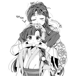  2girls :t behind_another braid chinese_clothes closed_eyes commentary_request eighth_note greyscale hands_on_another's_cheeks hands_on_another's_face hanfu hat_on_back headscarf highres layered_sleeves long_hair long_sleeves looking_at_viewer mayfly_(reverse:1999) mole mole_above_eye monochrome multiple_girls musical_note open_mouth paper_heron reverse:1999 rikini_sushi short_over_long_sleeves short_sleeves single_braid smile upper_body weimao white_background 