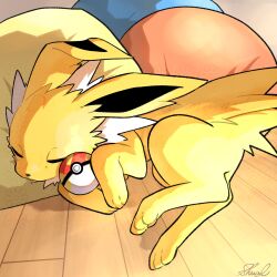  closed_eyes commentary_request cushion highres indoors jolteon no_humans poke_ball poke_ball_(basic) pokemon pokemon_(creature) shual3734 signature sleeping solo wooden_floor yellow_fur 