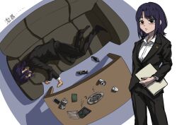  1girl absurdres aged_up alcohol ashtray beer black_hair black_suit cho_kaguya-hime! cigarette commentary_request couch formal_clothes highres jacket lawyer long_sleeves lying macho_mastppkr medium_hair mole mole_under_eye on_couch sakayori_iroha sleeping suit suit_jacket suit_pants 