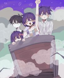  >_< 1girl 3boys :d antenna_hair aubrey_(headspace)_(omori) aubrey_(omori) black_eyes black_hair black_tank_top blush bow bright_pupils brothers checkered_clothes closed_eyes closed_mouth collarbone colored_skin commentary double-parted_bangs expressionless fog hair_between_eyes hair_bow hero_(headspace)_(omori) hero_(omori) highres inu_1000y kel_(headspace)_(omori) kel_(omori) minecart multiple_boys omori omori_(omori) open_mouth outdoors parted_lips pink_bow purple_hair purple_sky short_hair siblings sky smile sweat tank_top tree violet_eyes white_pupils white_skin xd 