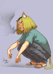  1girl absurdres animal_ear_fluff animal_ears baggy_pants blonde_hair cat_ears cat_girl cat_tail commentary_request drugs etsushimaru_yakuko exhaling_smoke flip-flops highres holding_joint joint_(drug) marijuana multicolored_hair pants roots_(hair) sandals short_sleeves smoking squatting tail vvang_vvang_mon yani_neko yellow_tail 