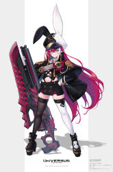  1girl absurdres alvy_starluster asymmetrical_legwear bayonet black_coat black_hat black_skirt character_name clenched_hand closed_mouth coat collar commentary_request copyright_name criss-cross_straps english_text eyebrows_hidden_by_hair fukai_ryosuke full_body gloves green_eyes grey_background gun gunblade hair_between_eyes hand_on_own_hip hat highres holding holding_gun holding_gun_barrel holding_weapon huge_weapon legs_apart loli long_hair looking_at_viewer miniskirt mismatched_legwear navel peaked_cap platform_heels pointy_ears red_hair revealing_clothes rifle science_fiction shadow skirt smile solo standing thigh-highs two-tone_background two-tone_hat universus very_long_hair weapon white_background white_collar white_gloves white_hat 
