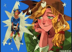  2girls applejack applejack_(equestria_girls) blonde_hair commentary cowboy_hat cowgirl_(western) fang_wo_zou_aaaaaa freckles green_eyes hat highres long_hair low-tied_long_hair multicolored_hair multiple_girls my_little_pony my_little_pony:_equestria_girls my_little_pony:_friendship_is_magic pink_eyes rainbow_dash rainbow_dash_(equestria_girls) rainbow_hair shirt smile yuri 