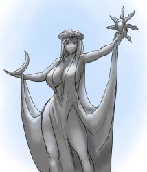  1girl azura_(the_elder_scrolls) blue_sky breasts collarbone crown dress erkaz head_wreath highres holding huge_breasts long_hair navel outdoors outstretched_arms plunging_neckline sky solo the_elder_scrolls wide_hips 