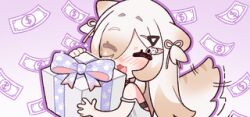  1girl :3 animal_ears banknote blonde_hair blush bow box cat_ears cat_girl cat_tail closed_eyes cweamcat gift gift_box gradient_background hair_ornament hair_over_one_eye hair_ribbon hairclip holding holding_box holding_gift indie_virtual_youtuber long_hair lowres money motion_lines official_art open_mouth outline paw_print pink_ribbon purple_background purple_outline ribbon second-party_source smile solo sparkle tail tail_wagging virtual_youtuber yam_(no_7error) 