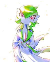  1girl bob_cut clothed_pokemon coat colored_skin commentary gardevoir green_hair hands_in_pockets looking_at_viewer lowres pink_eyes pokemon pokemon_(creature) raine_(acke2445) simple_background trench_coat untranslatable_commentary white_background white_skin 