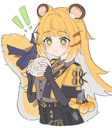  ! !! 1girl :3 animal_ear_fluff animal_ears atocyi_(atocyi_no_heya) blonde_hair blush bow chewing colored_inner_hair commentary_request dumpling eating fingerless_gloves food gloves green_eyes highres holding holding_food jacket ju_fufu long_hair multicolored_hair shirt smile solo steamed_bun striped_fur striped_hair tail tail_bow tail_ornament tiger_ears tiger_girl tiger_stripes tiger_tail white_hair yellow_jacket zenless_zone_zero 