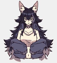  1girl animal_ear_fluff animal_ears black_hair breasts collar collarbone commentary crop_top hair_between_eyes highres hololive hood hoodie long_hair looking_at_viewer midriff multicolored_hair navel ookami_mio partially_colored pohitashi_(team_tategami) shirt smile solo spiked_collar spikes staring stomach streaked_hair untranslatable_commentary upper_body virtual_youtuber white_background wolf_ears wolf_girl 