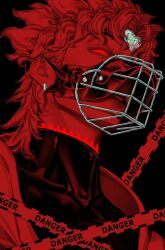  1boy black_background caution_tape colored_skin commentary dio_brando dress earrings glowing glowing_eyes heart_ornament jacket jewelry jojo_no_kimyou_na_bouken limited_palette male_focus mask mouth_mask parted_lips red_eyes red_hair red_skin red_theme scar scar_on_neck solo stardust_crusaders stitches sweater turtleneck turtleneck_dress turtleneck_sweater untranslatable_commentary zhhy3324 