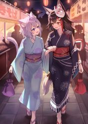  2girls absurdres animal_ears black_hair black_kimono blue_kimono breasts cat_ears cat_girl collarbone fox_mask highres holding_hands hololive japanese_clothes kimono mask multicolored_hair multiple_girls nekomata_okayu ookami_mio purple_hair red_hair summer_festival togemaru34 two-tone_hair violet_eyes virtual_youtuber walking wolf_ears wolf_girl 
