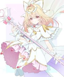 1girl absurdres antenna_hair blonde_hair bow brooch capelet closed_mouth cure_arcana dress frilled_capelet frilled_cuffs frills gradient_hair hair_intakes heart heart_brooch highres jewelry long_hair looking_at_viewer magical_girl meitantei_precure! moria_luluka multicolored_hair nishimiya_aki precure shine_arcana_rod smile solo staff veil very_long_hair white_capelet white_dress white_veil winged_heart wrist_cuffs 