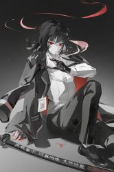  1girl absurdres black_hair black_pants black_shoes cigarette coat coat_on_shoulders highres holding holding_cigarette katana leaning_back limbus_company pants project_moon qingqingxiaoo red_eyes ryoshu_(project_moon) shirt shoes short_hair sitting sword weapon white_shirt 