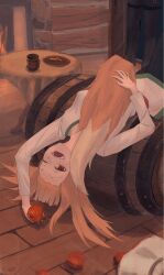  1girl apple apple_core barrel bitten_apple black_pants breasts brown_hair commentary cup food food_bite fruit g0senchan highres holding holding_food holding_fruit holo indoors long_hair long_sleeves looking_at_viewer lying mug on_back one_eye_closed open_mouth pants plate red_eyes shirt small_breasts solo_focus spice_and_wolf tail white_shirt wolf_girl wolf_tail wooden_floor 