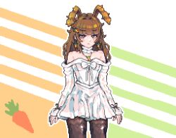  animal_ears black_thighhighs blush bow brown_hair carrot carrot_hair_ornament carrot_necklace colorful colorful_background commentary dress food-themed_hair_ornament hair_ornament jewelry necklace pixel_art rabbit rabbit_ears shmitty thigh-highs untranslatable_commentary white_background white_bow white_dress 