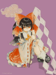  1girl 2023 :o ascot black_hair black_shoes bobby_socks bow canariadraw commentary_request dated detached_sleeves frilled_hair_tubes frilled_skirt frills gohei hair_between_eyes hair_bow hair_tubes hakurei_reimu half-closed_eyes highres holding holding_stick long_hair long_sleeves no_nose open_mouth orange_eyes purple_background red_bow red_ribbon red_skirt ribbon ribbon-trimmed_skirt ribbon-trimmed_sleeves ribbon_trim shadow shoes simple_background sitting skirt sleeve_ribbon socks solo stick torii touhou twitter_username white_sleeves white_socks wide_sleeves yellow_ascot 