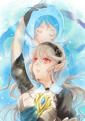  2girls black_hairband blue_gem blue_hair braid commentary_request female_corrin_(fire_emblem) fire_emblem fire_emblem_fates forehead_jewel gem gradient_hair hair_between_eyes hairband lilith_(fire_emblem) long_hair multicolored_hair multiple_girls one-hour_drawing_challenge pointy_ears red_eyes red_hair siblings single_braid sisters upper_body youhe_qri 