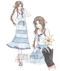  1boy 1girl aerith_gainsborough bare_shoulders black_gloves blue_dress braid braided_ponytail brown_hair commentary crisis_core:_final_fantasy_vii dress ff14hioo_oo7 final_fantasy final_fantasy_vii flower full_body gloves green_eyes hair_ribbon hetero holding holding_flower lily_(flower) long_hair looking_at_viewer multiple_views parted_bangs pink_ribbon ponytail pov pov_hands ribbon sandals standing untranslatable_commentary upper_body white_background yellow_flower zack_fair 