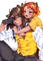  2boys :d ahoge aneroido animal_ear_fluff animal_ears arms_around_neck belt black_gloves black_pants blonde_hair blush braid braided_sidelocks brown_belt brown_pants brown_trim buttons cheka_kingscholar child clenched_teeth collared_shirt commentary_request cowboy_shot curtained_hair dark-skinned_male dark_skin double-breasted ears_down elbow_on_knee fang front-to-back gloves gold_necklace gold_trim green_eyes hair_between_eyes hair_tie hand_on_own_face highres jewelry kneeling leona_kingscholar lion_boy lion_ears long_hair looking_at_another looking_to_the_side multiple_boys necklace open_mouth orange_hair pants partial_commentary shiny_skin shirt short_hair short_sleeves sidelocks sideways_glance simple_background sitting sleeves_rolled_up small_sweatdrop smile spread_legs teeth twisted_wonderland uncle_and_nephew v-shaped_eyebrows vest waistcoat white_background white_shirt yellow_eyes yellow_shirt yellow_vest 