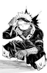  1boy :/ arm_up bakugou_katsuki belt boku_no_hero_academia bracer closed_mouth collared_shirt commentary gloves greyscale high_collar highres ima35p_35suki knee_pads looking_to_the_side male_focus mask mask_lift monochrome pants shirt short_hair sideways_glance simple_background solo spiky_hair squatting superhero_costume very_short_hair white_background 