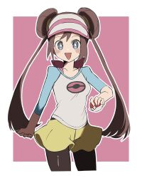  1girl bow donut_hair_bun double_bun grey_eyes hair_bun highres holding holding_poke_ball open_mouth pantyhose pantyhose_under_shorts pink_background poke_ball poke_ball_print pokemon pokemon_black_2_and_white_2 raglan_sleeves rosa_(pokemon) shirt shorts sidelocks smile solo tnm_ilu twintails visor_cap white_shirt yellow_shorts 