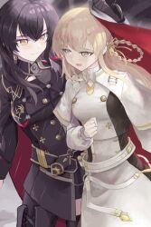  2girls black_gloves black_hair blonde_hair braid braided_hair_rings breasts clenched_hand closed_mouth clothing_request commentary crossed_bangs english_commentary eyelashes gloves grey_eyes hair_between_eyes hair_ribbon hair_rings hakuchou_(towa_tsugai) highres karasu_(towa_tsugai) long_hair long_sleeves multiple_girls open_mouth rain ratlavius ribbon smile split_mouth thank_you towa_tsugai white_gloves yellow_ribbon 