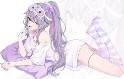  1girl absurdres alternate_hairstyle asymmetrical_legwear black_nails bow breasts castellayaki chest_jewel choker colored_inner_hair commentary finger_to_mouth gem grey_hair hair_bow hair_over_one_eye hand_jewel high_ponytail highres hololive hololive_english jewel_under_eye koseki_bijou koseki_bijou_(pebble_pajamas) legs_up long_hair long_shirt long_sidelocks looking_at_viewer lying mask mask_on_head mismatched_legwear multicolored_hair multicolored_thighhighs nail_polish no_shoes official_alternate_costume on_cushion on_stomach pink_hair ponytail purple_bow purple_hair purple_thighhighs shirt sidelocks single_bare_shoulder single_off_shoulder sleep_mask small_breasts solo striped_clothes striped_thighhighs the_pose thigh-highs thigh_strap two-tone_thighhighs violet_eyes virtual_youtuber white_choker white_shirt zoom_layer 
