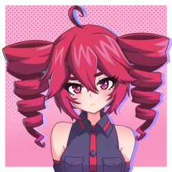  1girl ahoge bare_shoulders black_shirt border breasts buttons closed_mouth detached_sleeves english_commentary freckles highres kaleislazy kasane_teto kasane_teto_(utau) large_breasts light_blush looking_at_viewer pink_background pocket polka_dot polka_dot_background red_eyes red_hair red_trim shirt sidelocks solo straight-on thick_eyebrows upper_body utau white_border 
