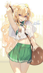  1girl absurdres bag blonde_hair breasts commentary_request fuwafuwatoufu green_skirt grey_eyes hair_ornament hairclip highres kantai_collection large_breasts long_hair looking_at_viewer minneapolis_(kancolle) minneapolis_(tennis)_(kancolle) navel official_alternate_costume outdoors pleated_skirt polo_shirt shirt shoulder_bag skirt smile solo sportswear tennis_skirt tennis_uniform twitter_username two_side_up wavy_hair white_shirt 