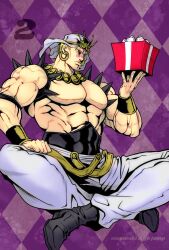  1boy abs argyle_background battle_tendency black_boots black_corset boots bow box commentary corset earrings facial_mark frown gift gift_box hat holding holding_gift hoop_earrings indian_style jewelry jojo_no_kimyou_na_bouken konpane_(ohj) male_focus muscular muscular_male official_alternate_costume pants pectorals purple_bow sitting solo spikes wamuu white_hat white_pants 