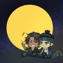  2boys black_pants black_shirt blade_lineage_(identity)_(project_moon) blue_coat brown_hair chinese_commentary choko_(cup) closed_eyes coat commentary_request cup full_moon green_eyes grin hair_bun hat heathcliff_(project_moon) killerohan kurokumo_clan_(identity)_(project_moon) limbus_company long_sleeves meursault_(project_moon) moon multiple_boys pants project_moon rice_hat shirt sitting smile wide_sleeves 