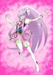  :d aino_megumi blue_eyes boots cure_lovely cure_lovely_(cosplay) gacchahero happinesscharge_precure! heart heartcatch_precure! lavender_hair long_hair magical_girl open_mouth pink_background pink_skirt ponytail precure skirt smile thigh-highs thigh_boots tsukikage_yuri very_long_hair white_legwear 