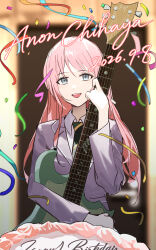  1girl absurdres bang_dream! bang_dream!_it's_mygo!!!!! character_name chihaya_anon commentary_request diagonal-striped_clothes diagonal-striped_necktie electric_guitar fang green_necktie grey_eyes grey_jacket guitar happy_birthday highres holding holding_guitar holding_instrument hugging_object instrument jacket long_hair long_sleeves necktie open_mouth pink_hair shenqi_de_(9) solo striped_clothes striped_necktie teeth upper_teeth_only 
