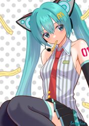  1girl animal_ear_headphones animal_ears aqua_eyes aqua_hair aqua_trim bacillus bare_shoulders black_skirt black_thighhighs cat_ear_headphones cat_ears collared_shirt commentary_request detached_sleeves fake_animal_ears food food-themed_background food_in_mouth french_fries hair_ornament hatsune_miku headphones headset legs_up logo_hair_ornament long_hair looking_to_the_side mcdonald's miniskirt name_tag necktie pleated_skirt polka_dot polka_dot_background red_necktie red_tattoo shakacat shirt shoulder_tattoo simple_background skirt sleeveless sleeveless_shirt solo speaker striped_clothes striped_shirt tattoo thigh-highs twintails vertical-striped_clothes vertical-striped_shirt vocaloid white_background 