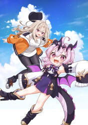  2girls :d ahoge arcanadea baseball_cap black_boots black_dress black_hat black_pantyhose blue_shorts blue_sky blush boots braid braided_bangs brown_hair character_request clouds day detached_sleeves dragon_girl dragon_horns dragon_tail dragon_wings dress frilled_sleeves frills gii_(arcanadea) hair_between_eyes hat high_heel_boots high_heels highres horns jacket jako_(jakoo21) long_hair long_sleeves multiple_girls official_art open_clothes open_jacket orange_jacket outdoors pantyhose pantyhose_under_shorts pink_hair puffy_long_sleeves puffy_sleeves purple_wings sharp_teeth shirt shorts sky sleeves_past_fingers sleeves_past_wrists smile tail teeth unworn_hat unworn_headwear very_long_hair violet_eyes white_shirt white_sleeves wings 