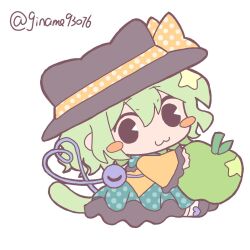  1girl :3 animal_hat apple black_eyes black_hat blush_stickers bow cat_girl cat_tail chibi chibi_only collared_shirt commentary disembodied_linked_eye eyeball food frilled_shirt_collar frilled_sleeves frills fruit green_apple green_hair green_skirt hair_between_eyes hat hat_bow heart heart_of_string highres kemonomimi_mode komeiji_koishi long_sleeves looking_at_viewer shirt silverrain skirt solo tail touhou twitter_username wide_sleeves yellow_bow yellow_shirt 