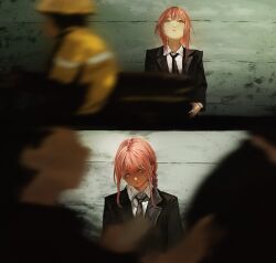  1girl black_jacket black_necktie braid chainsaw_man closed_mouth collared_shirt commentary expressionless formal_clothes highres jacket long_hair long_sidelocks long_sleeves looking_up maiy_illus makima_(chainsaw_man) necktie red_hair ringed_eyes shirt sidelocks suit white_shirt wing_collar yellow_eyes 