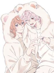  2boys 3pomemade absurdres animal_hood bear_hood commentary ear_piercing highres hood jacket jewelry long_sleeves male_focus miyama_kei multiple_boys one_eye_closed open_mouth orange_eyes orange_hair pants paradox_live piercing pink_hair red_eyes ring rokuta_(paradox_live) shirt short_hair simple_background smile untranslatable_commentary white_background white_jacket white_pants white_shirt 