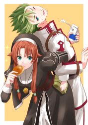  1boy 1girl absurdres arched_back assisted_stretching back-to-back belt_pouch bent_over blue_eyes border bread brown_hair commentary_request cropped_jacket curtained_hair drink_carton drinking_straw earrings eating eiyuu_densetsu food green_eyes green_hair hair_tubes high_collar highres holding holding_bread holding_drink_carton holding_food holding_milk_carton jacket jewelry juliet_sleeves kevin_graham long_hair long_sleeves looking_at_viewer low-tied_sidelocks medallion milk milk_carton multicolored_hair multicolored_jacket necklace nun nun_headdress open_mouth outside_border parted_bangs parted_lips pouch puffy_sleeves ries_argent runrui_kaku short_hair sidelocks simple_background small_sweatdrop sora_no_kiseki sora_no_kiseki_tc sparkle spiky_hair standing traditional_nun two-tone_hair two-tone_jacket uncomfortable upper_body v-shaped_eyebrows white_border yellow_background 