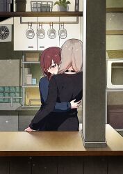  2girls absurdres black_choker black_sweater blue_shirt choker coffee_mug commentary_request cup girls_band_cry grey_hair habsida_(habsida_hpy) highres hug iseri_nina kawaragi_momoka kitchen long_hair mug multicolored_hair multiple_girls neck_blush plant potted_plant red_hair roots_(hair) shirt short_twintails sweatdrop sweater twintails yuri 