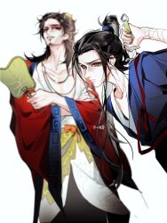  2boys all_wishes_come_true! arm_wrap artist_name black_eyes black_hair black_pants black_sash blue_hanfu blue_trim blurry blurry_background brown_eyes chinese_clothes closed_mouth coat collarbone crossed_arms depth_of_field facial_hair hair_bun hair_ornament half_updo hand_fan hand_up hanfu high_ponytail highres holding holding_fan holding_sword holding_weapon jewelry leaf_belt leaf_fan leaf_hair_ornament leaf_ornament long_hair long_sleeves looking_at_viewer lv_dongbin_(all_wishes_come_true!) male_focus multiple_boys mustache mustache_stubble necklace open_clothes open_coat orange_sash pants pectoral_cleavage pectorals ponytail red_coat red_sash robe sash sheath shoulder_strap sidelocks simple_background single_hair_bun smile standing stubble sword sword_on_back topknot unsheathing weapon weapon_on_back white_background white_hanfu wide_sleeves xiaochiyuan10969 zhongli_quan_(all_wishes_come_true!) 