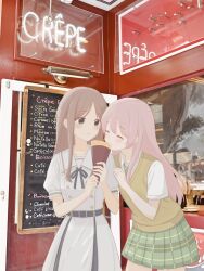  2girls absurdres bang_dream! bang_dream!_it's_mygo!!!!! belt blue_belt blue_ribbon blush brown_hair brown_sweater_vest chihaya_anon closed_eyes closed_mouth commentary crepe dress eating food green_necktie green_skirt haneoka_school_uniform highres holding holding_crepe holding_food long_hair multiple_girls nagasaki_soyo neck_ribbon necktie photo_background pink_hair plaid_clothes plaid_skirt porte_hbr ribbon school_uniform short_sleeves sidelocks skirt sweater_vest tsukinomori_school_uniform white_dress 