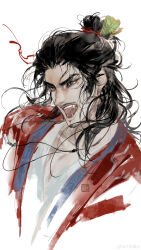  1boy absurdres all_wishes_come_true! black_eyes black_hair blue_trim brown_eyes chinese_clothes chinese_commentary coat commentary_request facial_hair fangs floating_hair hair_bun hair_ornament hair_ribbon half_updo hanfu highres jewelry leaf_hair_ornament long_hair looking_at_viewer male_focus mustache_stubble necklace open_clothes open_coat open_mouth pectoral_cleavage pectorals portrait red_coat red_ribbon ribbon robe saliva seal_impression simple_background single_hair_bun smile solo stubble teeth tongue upper_body white_background white_hanfu xiaowangba488 zhongli_quan_(all_wishes_come_true!) 