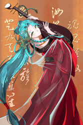  1girl absurdres bare_shoulders bent_over braid braided_sidelocks chinese_clothes chinese_zodiac closed_mouth commentary_request dragon eastern_dragon eyeliner fang fang_out fangs green_eyes green_mask hair_ornament hair_rings half_updo hanfu highres hissabeth holding holding_instrument instrument long_hair long_sleeves looking_at_viewer makeup mask orange_background pipa_(instrument) playing_instrument red_eyeliner red_hanfu red_pupils reverse:1999 sidelocks slit_pupils smile snake snake_on_head solo unworn_mask wide_sleeves year_of_the_dragon yo_ne_(pixiv_121452830) 